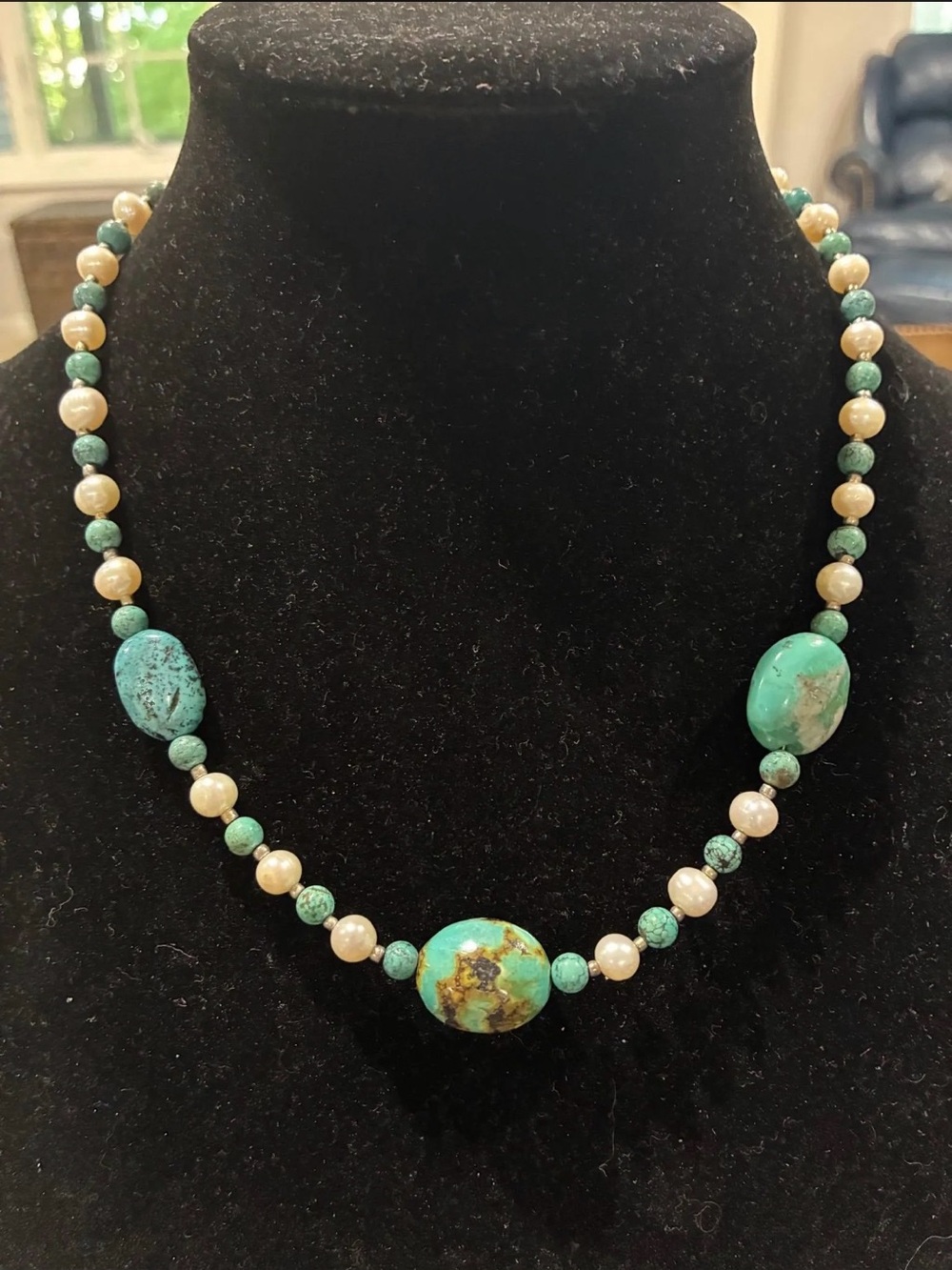 Vintage Southwestern Sterling Silver Kingman Turquoise & Pearl Necklace